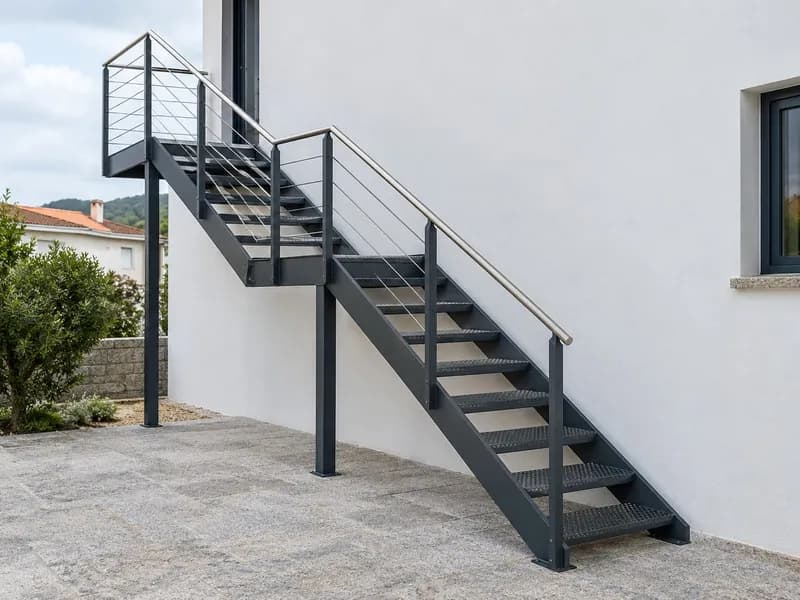 Escada exterior em aço com patamar